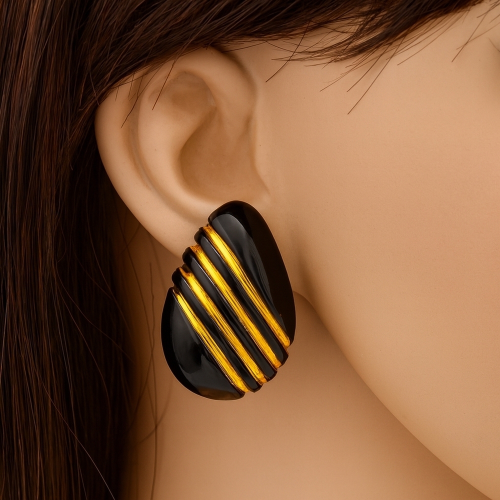 Bold Retro Black & Gold-tone Stripe Teardrop Earrings – Women's Fashion Jewelry